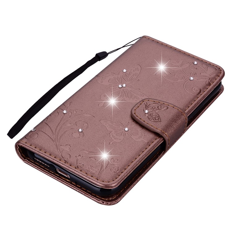 Imprinted Butterfly Flower Pattern Rhinestone Wallet Leather Stand Cover for Xiaomi Mi 8 (6.21-inch) - Brown-4