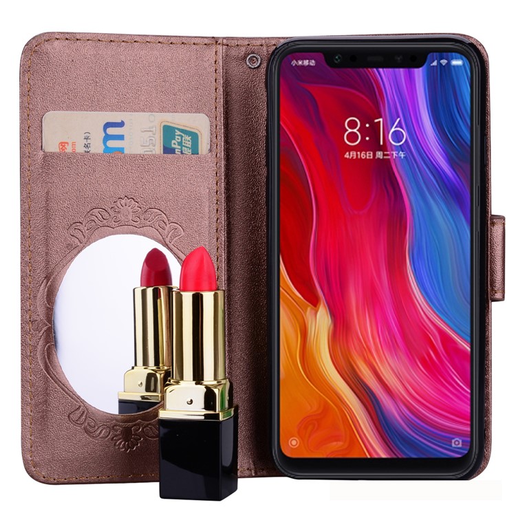 Imprinted Butterfly Flower Pattern Rhinestone Wallet Leather Stand Cover for Xiaomi Mi 8 (6.21-inch) - Brown-7