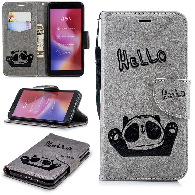 Imprinted Hello Panda Wallet Stand Leather Mobile Case for Xiaomi Redmi 6 - Grey-1
