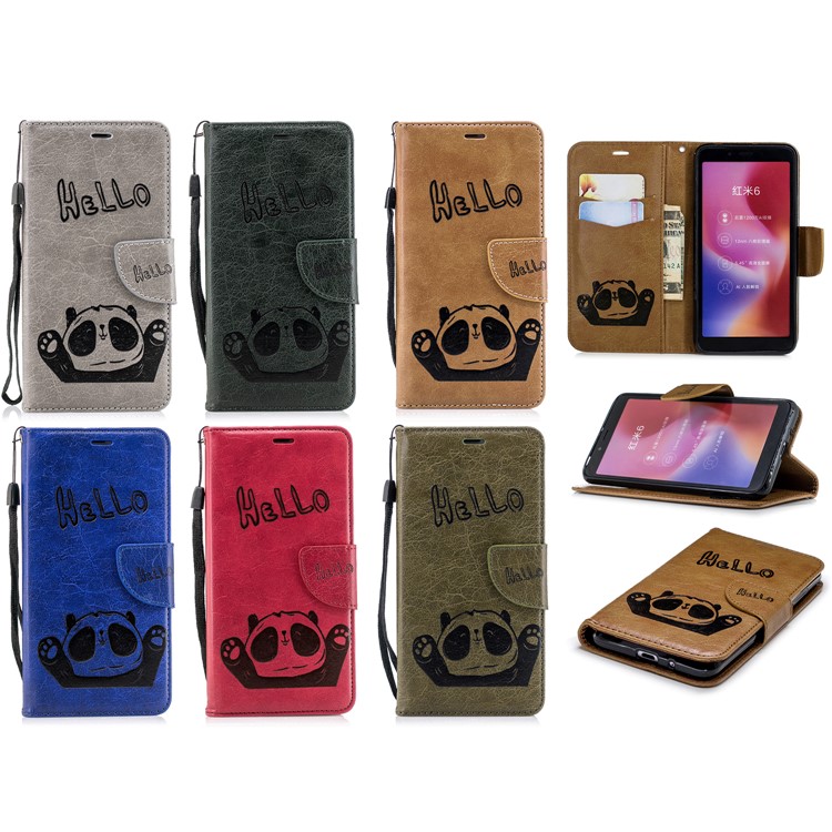 Imprinted Hello Panda Wallet Stand Leather Mobile Case for Xiaomi Redmi 6 - Grey-12