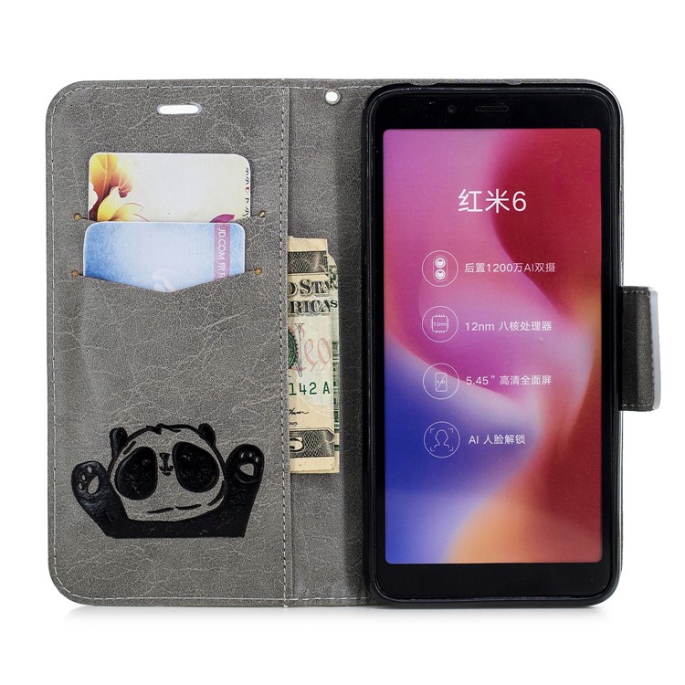 Imprinted Hello Panda Wallet Stand Leather Mobile Case for Xiaomi Redmi 6 - Grey-4