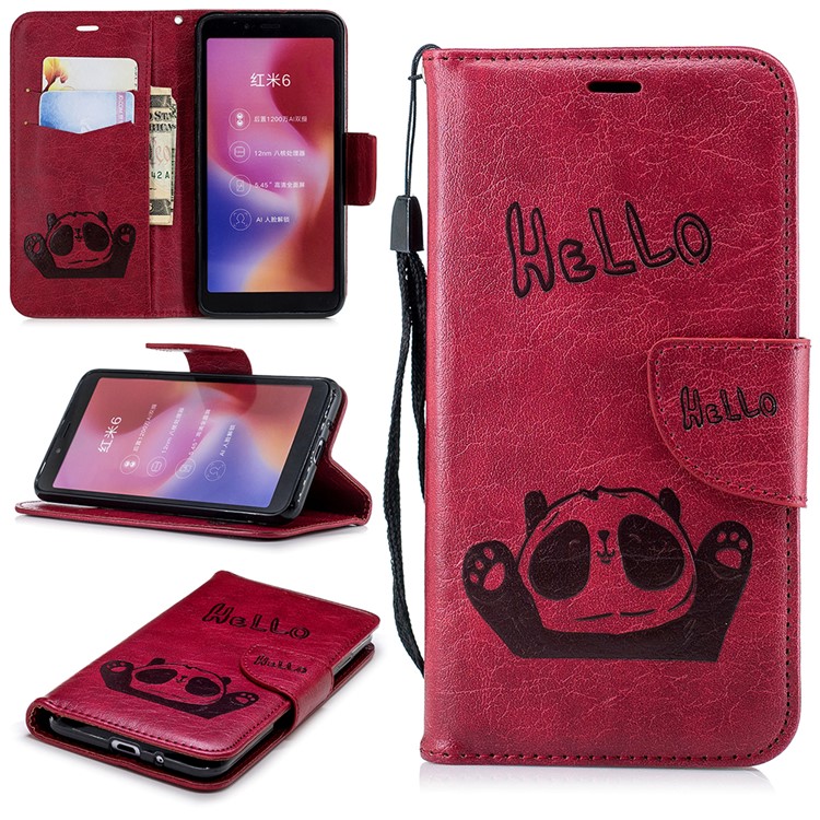 Imprinted Hello Panda Wallet Stand Leather Mobile Cover for Xiaomi Redmi 6 - Red-1