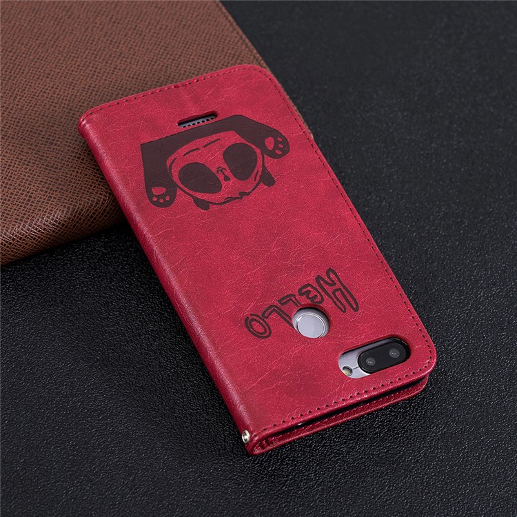 Imprinted Hello Panda Wallet Stand Leather Mobile Cover for Xiaomi Redmi 6 - Red-10