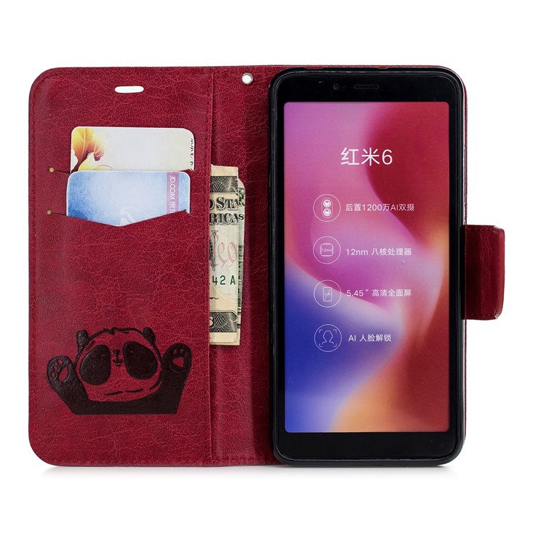 Imprinted Hello Panda Wallet Stand Leather Mobile Cover for Xiaomi Redmi 6 - Red-4