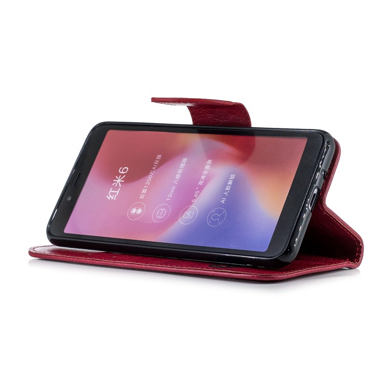 Imprinted Hello Panda Wallet Stand Leather Mobile Cover for Xiaomi Redmi 6 - Red-6