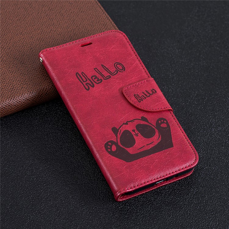 Imprinted Hello Panda Wallet Stand Leather Mobile Cover for Xiaomi Redmi 6 - Red-9