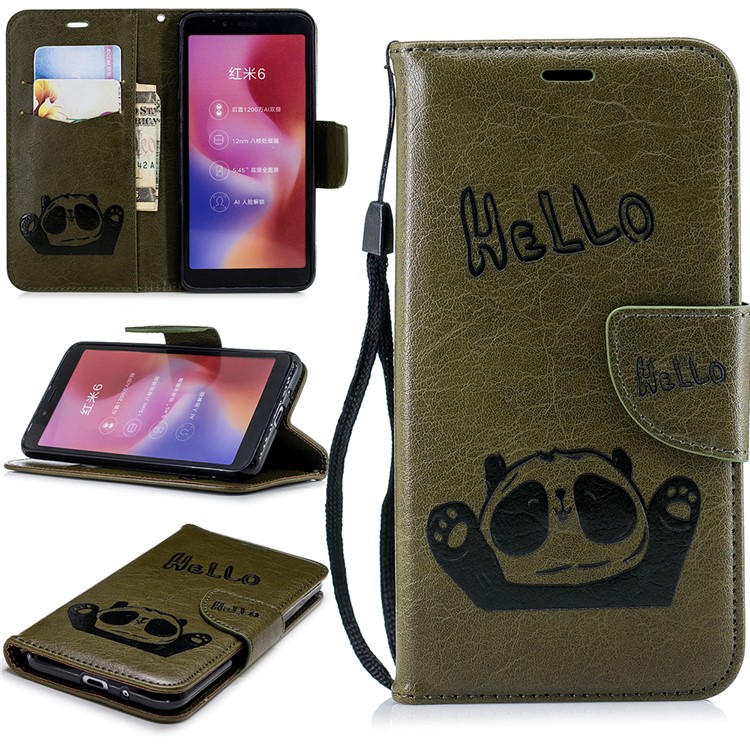 Imprinted Hello Panda Wallet Stand Leather Mobile Shell for Xiaomi Redmi 6 - Army Green-1