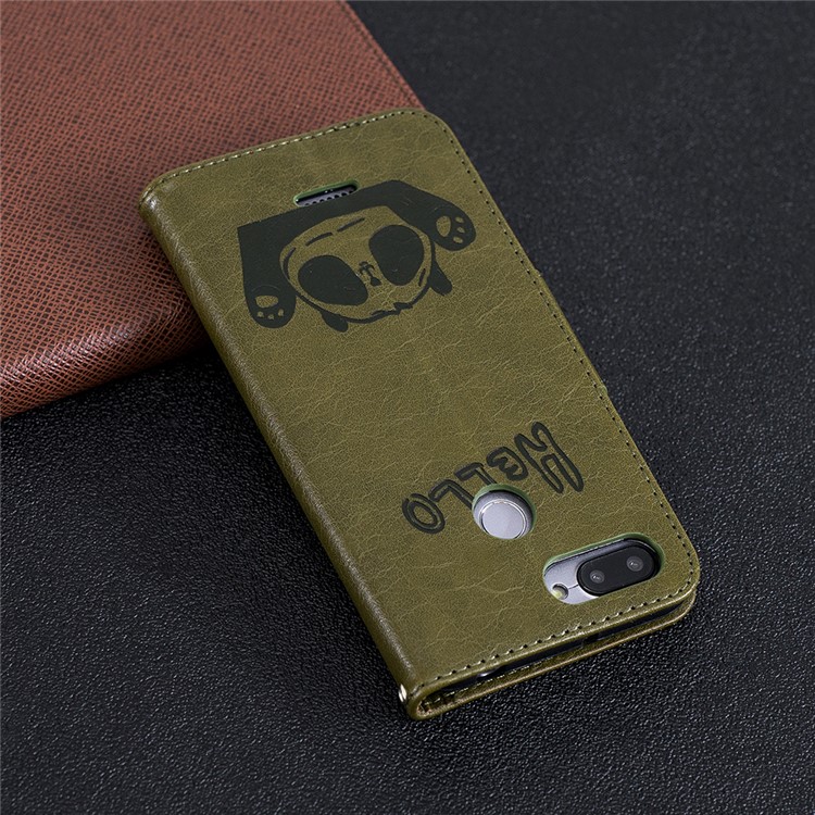 Imprinted Hello Panda Wallet Stand Leather Mobile Shell for Xiaomi Redmi 6 - Army Green-10