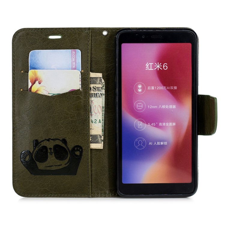 Imprinted Hello Panda Wallet Stand Leather Mobile Shell for Xiaomi Redmi 6 - Army Green-4