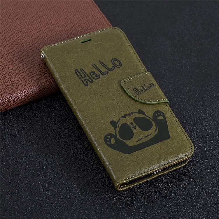 Imprinted Hello Panda Wallet Stand Leather Mobile Shell for Xiaomi Redmi 6 - Army Green-9