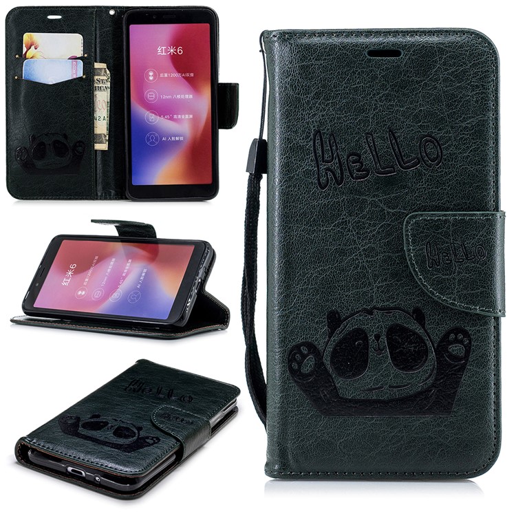 Imprinted Hello Panda Wallet Stand Leather Mobile Casing for Xiaomi Redmi 6 - Blackish Green-1