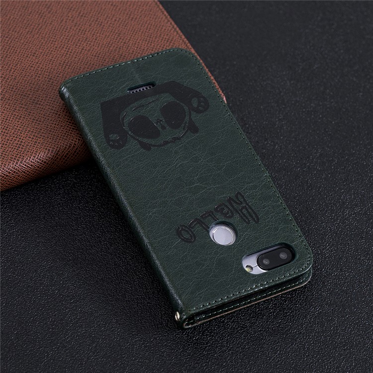 Imprinted Hello Panda Wallet Stand Leather Mobile Casing for Xiaomi Redmi 6 - Blackish Green-10