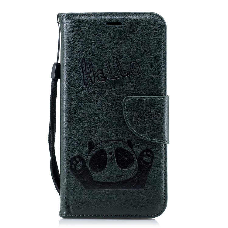Imprinted Hello Panda Wallet Stand Leather Mobile Casing for Xiaomi Redmi 6 - Blackish Green-2