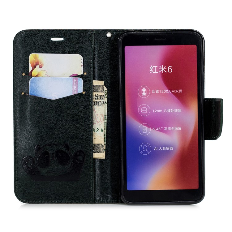 Imprinted Hello Panda Wallet Stand Leather Mobile Casing for Xiaomi Redmi 6 - Blackish Green-4