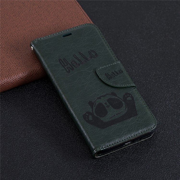 Imprinted Hello Panda Wallet Stand Leather Mobile Casing for Xiaomi Redmi 6 - Blackish Green-9