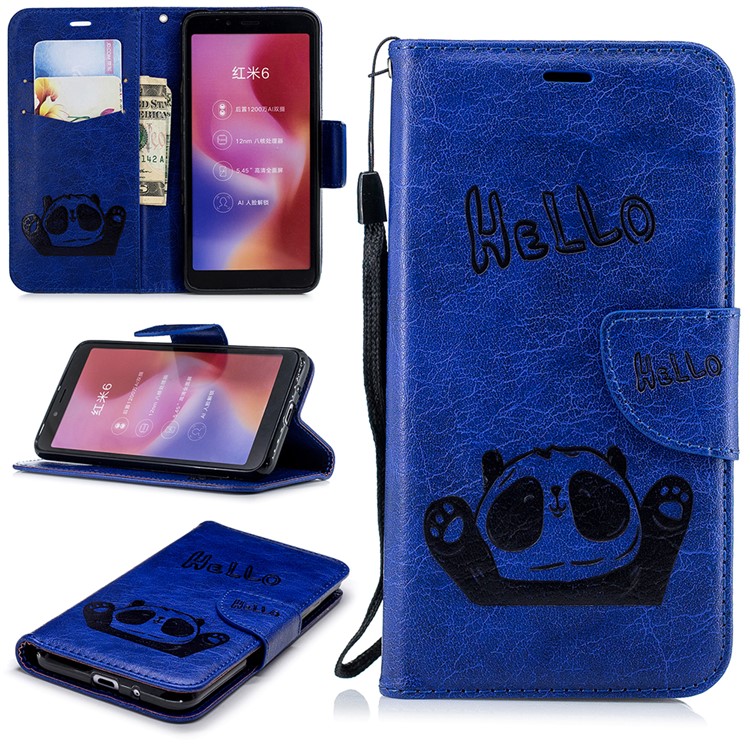 Imprinted Hello Panda Wallet Stand Leather Cell Phone Case for Xiaomi Redmi 6 - Blue-1