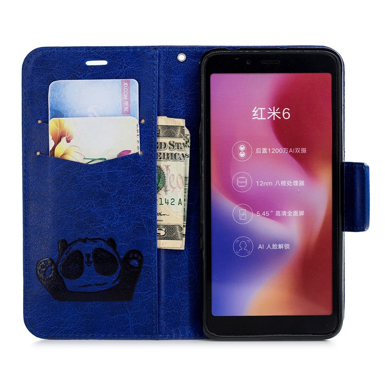 Imprinted Hello Panda Wallet Stand Leather Cell Phone Case for Xiaomi Redmi 6 - Blue-4