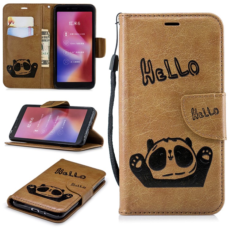 Imprinted Hello Panda Wallet Stand Leather Cell Phone Shell for Xiaomi Redmi 6 - Brown-1