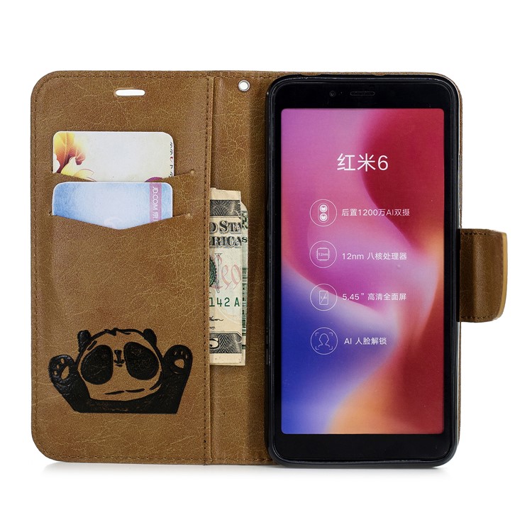 Imprinted Hello Panda Wallet Stand Leather Cell Phone Shell for Xiaomi Redmi 6 - Brown-4