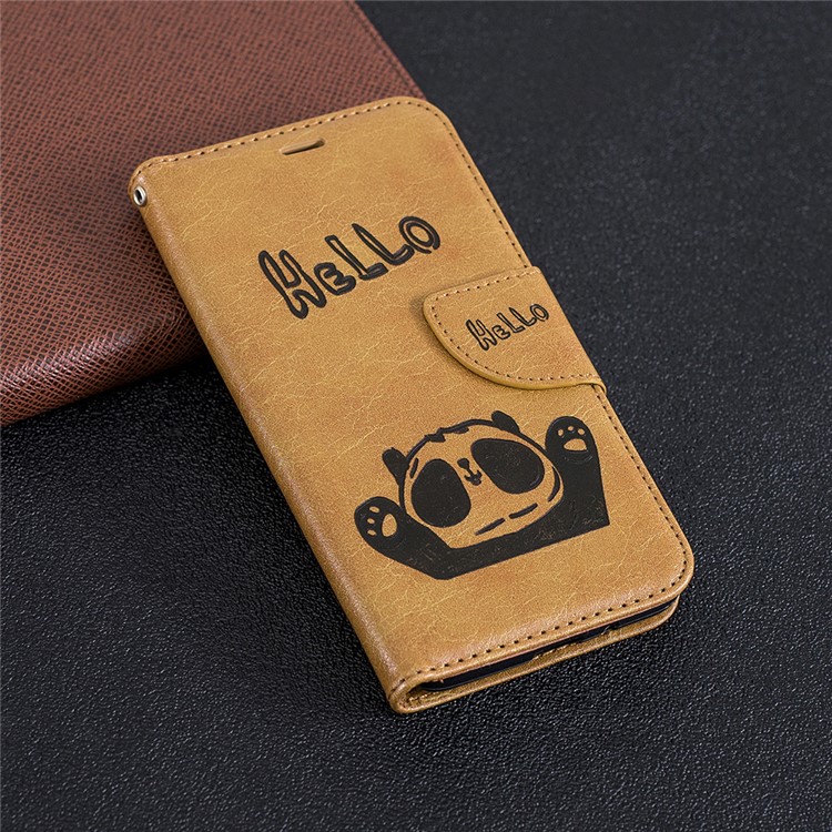 Imprinted Hello Panda Wallet Stand Leather Cell Phone Shell for Xiaomi Redmi 6 - Brown-9