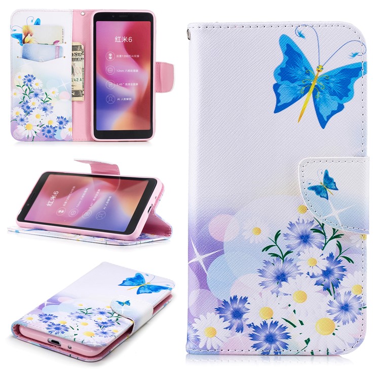 Pattern Printing Wallet Stand Leather Phone Case for Xiaomi Redmi 6 - Blue Butterfly-1