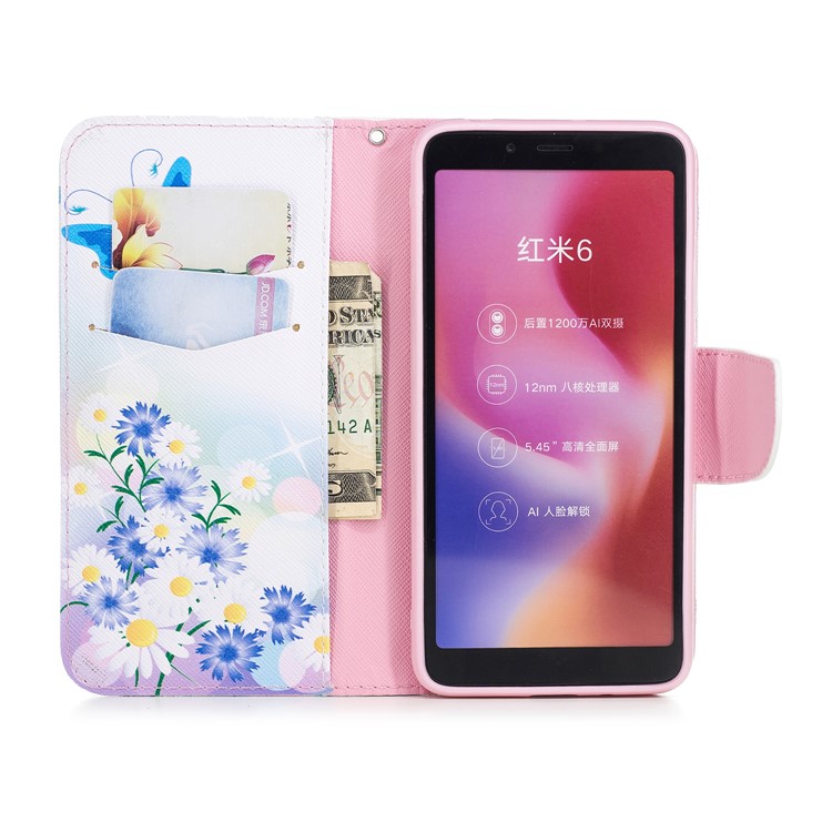 Pattern Printing Wallet Stand Leather Phone Case for Xiaomi Redmi 6 - Blue Butterfly-4