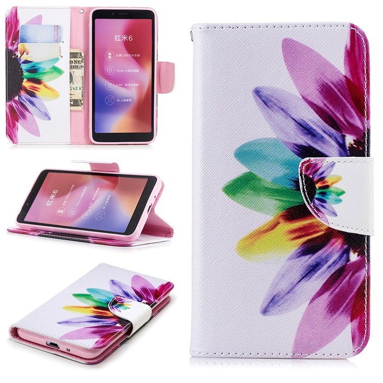 Pattern Printing Wallet Stand Leather Phone Shell for Xiaomi Redmi 6 - Half Flower-1