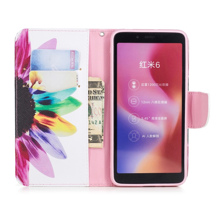 Pattern Printing Wallet Stand Leather Phone Shell for Xiaomi Redmi 6 - Half Flower-4
