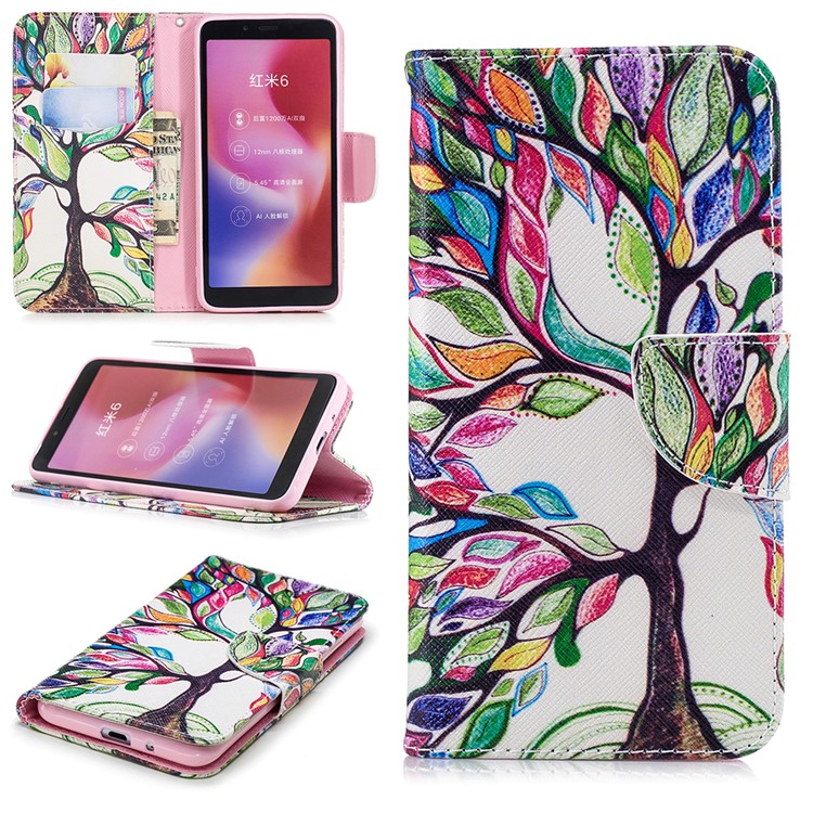 Pattern Printing Wallet Stand Leather Phone Casing for Xiaomi Redmi 6 - Colorized Tree-1