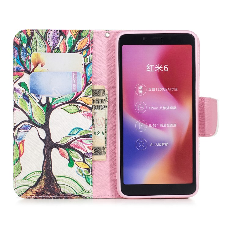 Pattern Printing Wallet Stand Leather Phone Casing for Xiaomi Redmi 6 - Colorized Tree-4