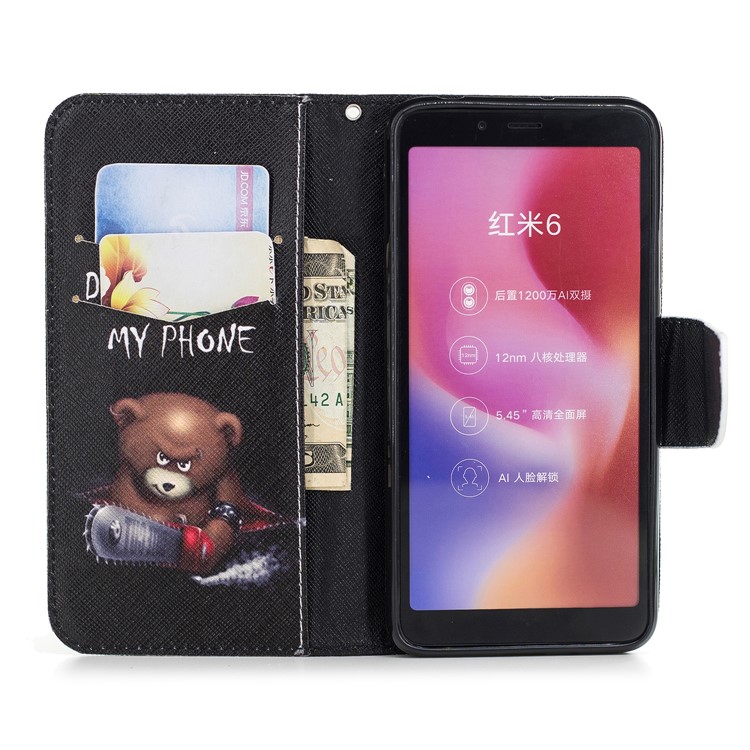 Модель Печать Кошелек Подставка Кожа Мобильный Телефон Кейс Для Xiaomi Redmi 6 - Медведь С Пилой-4