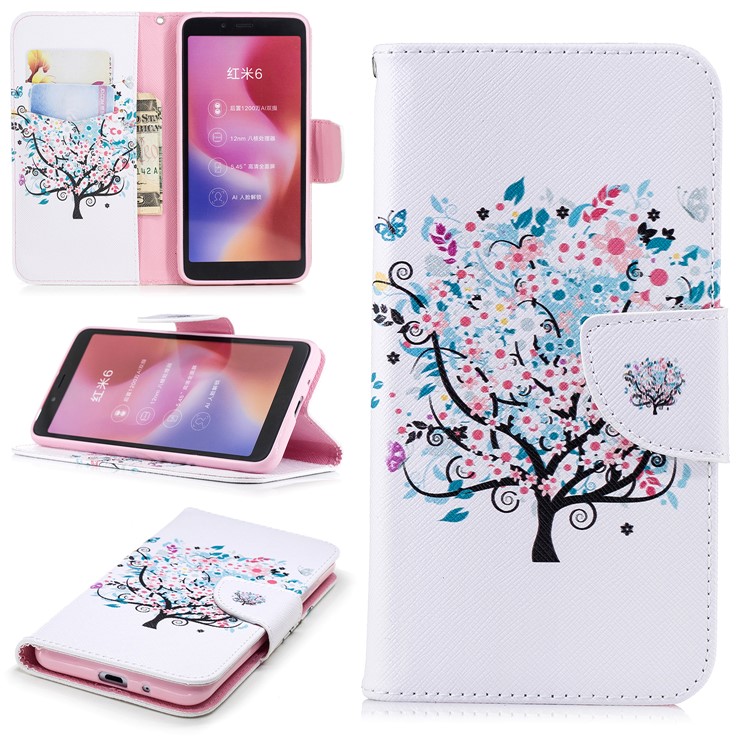 Pattern Printing Wallet Stand Leather Mobile Phone Cover for Xiaomi Redmi 6 - Tree with Flower-1