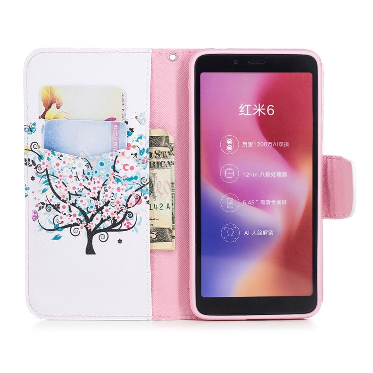 Pattern Printing Wallet Stand Leather Mobile Phone Cover for Xiaomi Redmi 6 - Tree with Flower-4