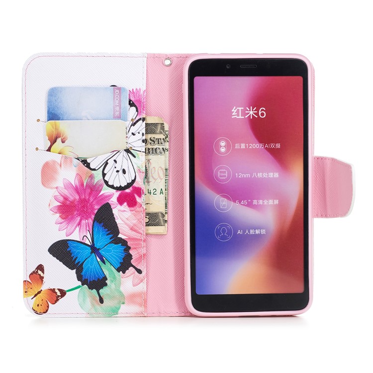 Pattern Printing Wallet Stand Leather Cell Phone Cover for Xiaomi Redmi 6 - Butterfly and Flower-4