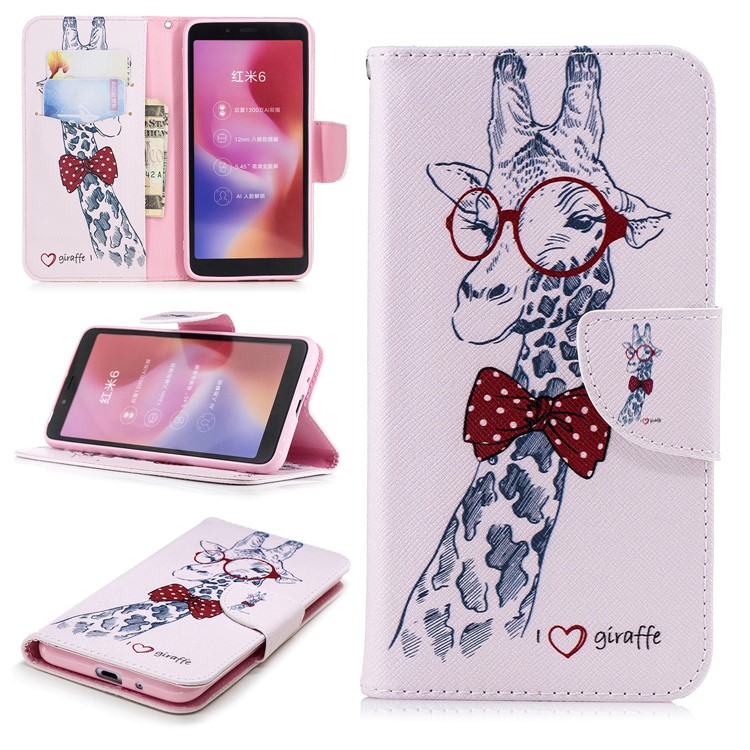 Pattern Printing Wallet Stand Leather Back Case for Xiaomi Redmi 6 - Giraffe Wearing Glasses-1