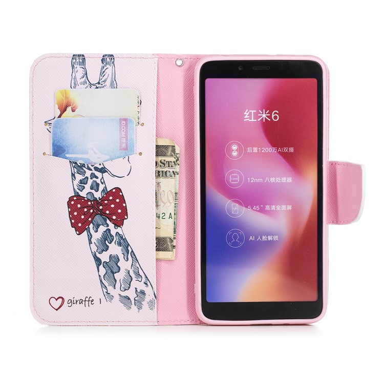 Pattern Printing Wallet Stand Leather Back Case for Xiaomi Redmi 6 - Giraffe Wearing Glasses-4
