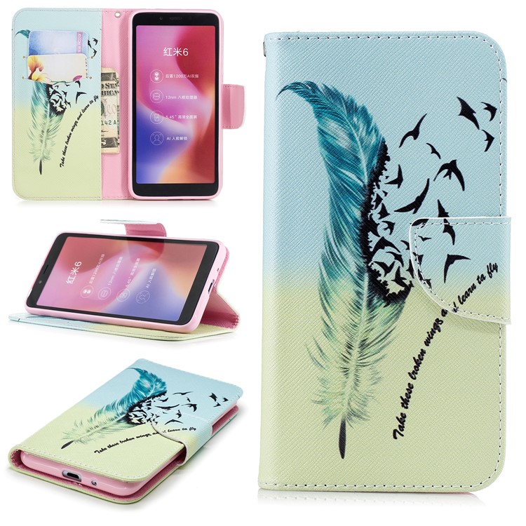 Pattern Printing Wallet Stand Leather Back Cover for Xiaomi Redmi 6 - Feather and Birds-1