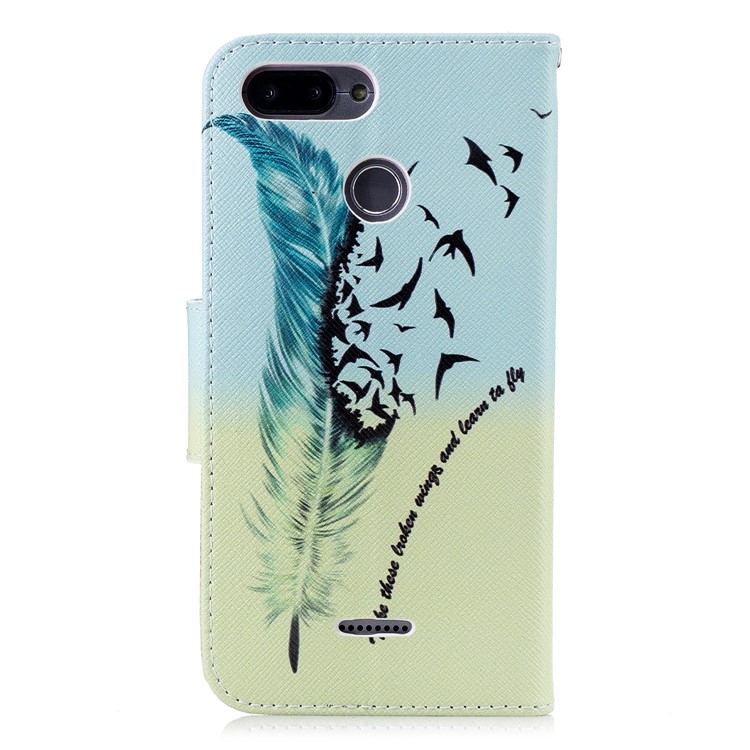 Pattern Printing Wallet Stand Leather Back Cover for Xiaomi Redmi 6 - Feather and Birds-3