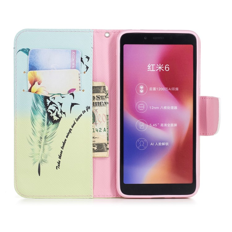 Pattern Printing Wallet Stand Leather Back Cover for Xiaomi Redmi 6 - Feather and Birds-4