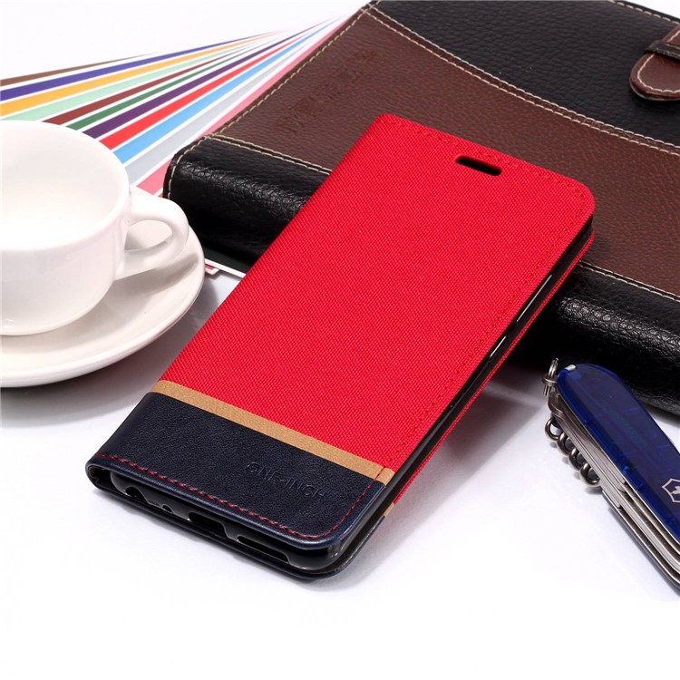 Cloth Texture Splicing PU Leather Card Holder Stand Phone Shell for Xiaomi Mi A2 / Mi 6X - Red-6