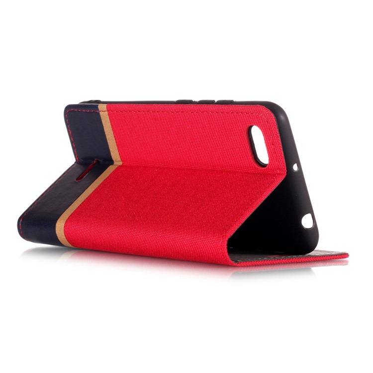 Cloth Texture Splicing Leather Card Holder Stand Cover Case for Xiaomi Redmi 6A (Single 12MP Rear Camera) - Red-5