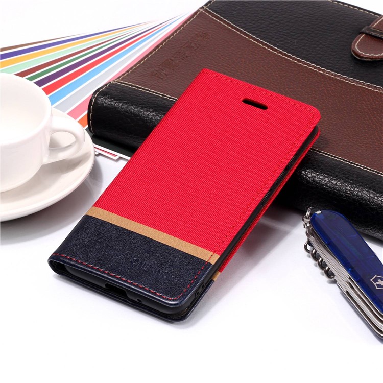 Cloth Texture Splicing Leather Card Holder Stand Cover Case for Xiaomi Redmi 6A (Single 12MP Rear Camera) - Red-6