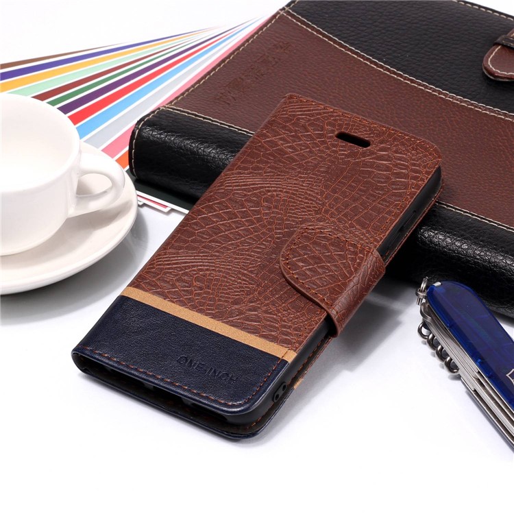 Crocodile Texture Splicing PU Leather Wallet Protective Case for Xiaomi Mi A2 Lite / Redmi 6 Pro - Coffee-7