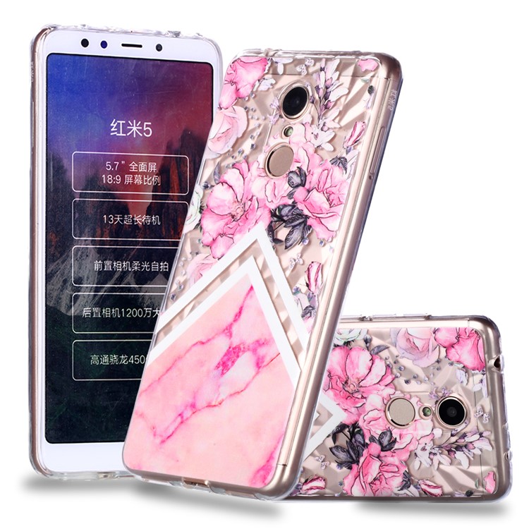 Embossed Pattern 3D Diamond Texture TPU Cover for Xiaomi Redmi 5 - Pink Flower and Marble Pattern-1