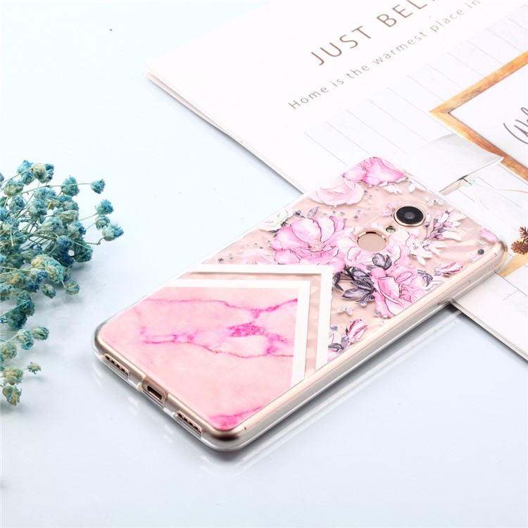 Embossed Pattern 3D Diamond Texture TPU Cover for Xiaomi Redmi 5 - Pink Flower and Marble Pattern-7