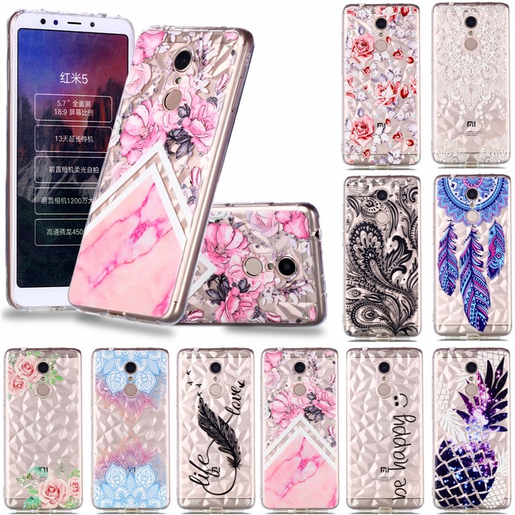 Embossed Pattern 3D Diamond Texture TPU Cover for Xiaomi Redmi 5 - Pink Flower and Marble Pattern-8