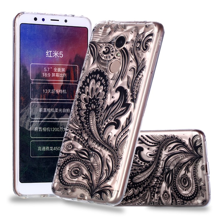 Embossed Pattern 3D Diamond Texture TPU Shell for Xiaomi Redmi 5 - Black Flower-1
