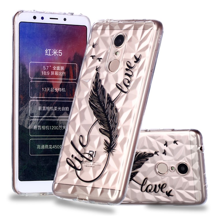 Embossed Pattern 3D Diamond Texture TPU Casing for Xiaomi Redmi 5 - Feather Pen-1