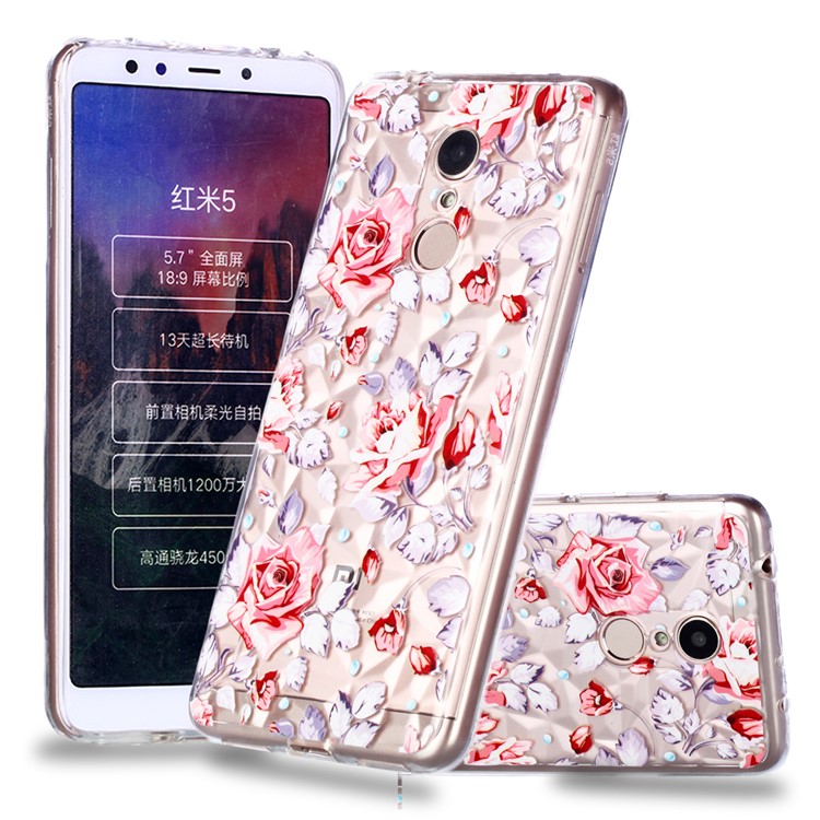 Embossed Pattern 3D Diamond Texture TPU Cell Phone Case for Xiaomi Redmi 5 - Red Flower-1