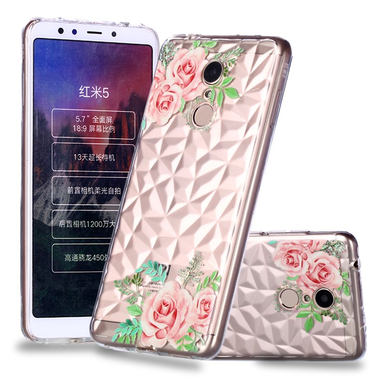 Embossed Pattern 3D Diamond Texture TPU Cell Phone Cover for Xiaomi Redmi 5 - Pink Flower-1